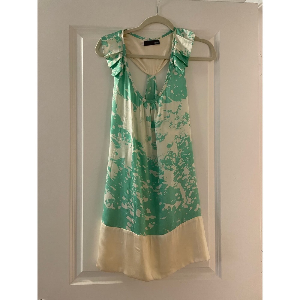 100% Silk‎ MYNE Ruffle Y2K Green, White, Cream Mini Dress with pockets Size 2